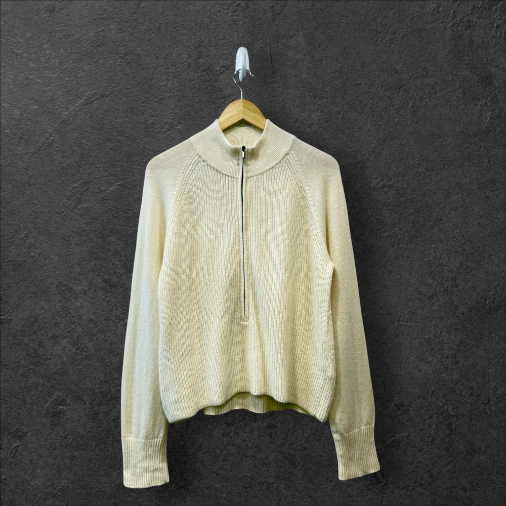Elie Tahari Womens Ivory Ribbed Knit Quarter Zip Mock Neck Sweater Large